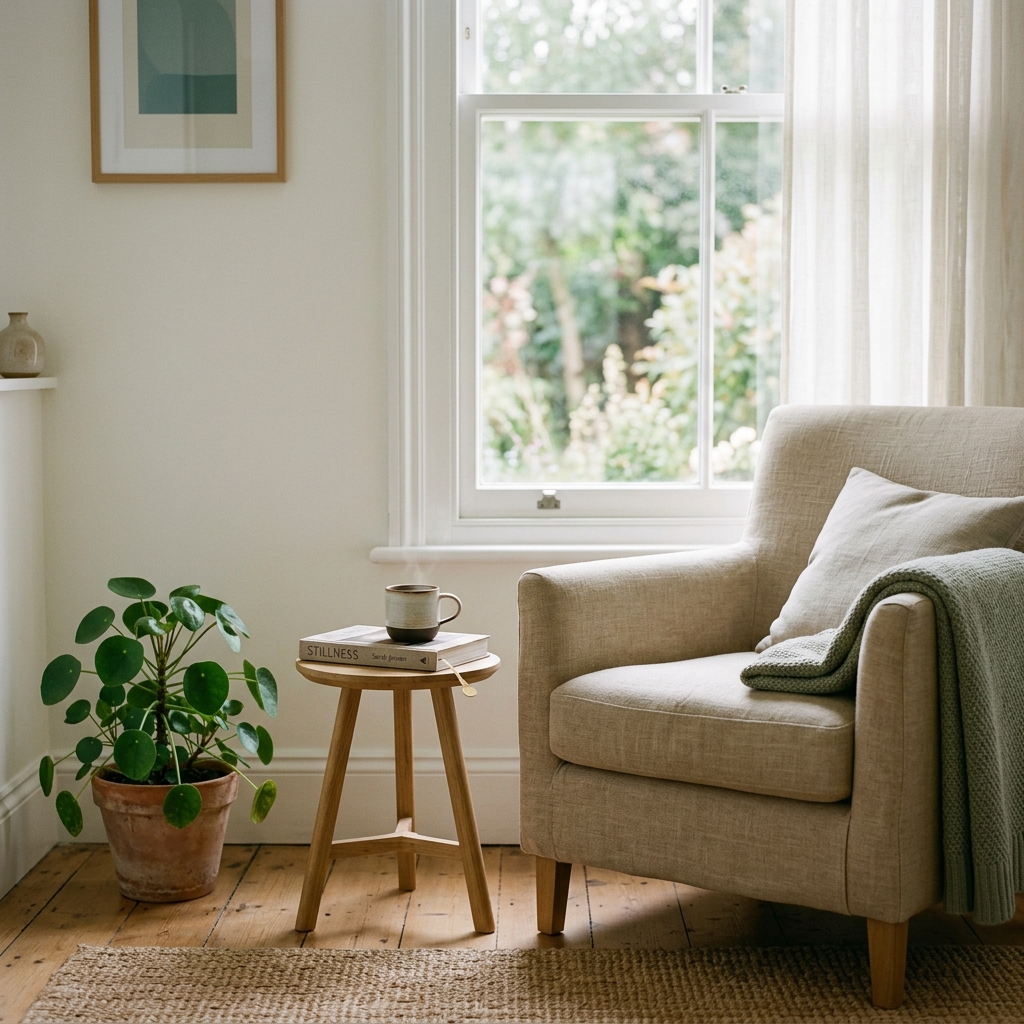 A calm sunlit sitting area with an armchair, side table, and potted plant