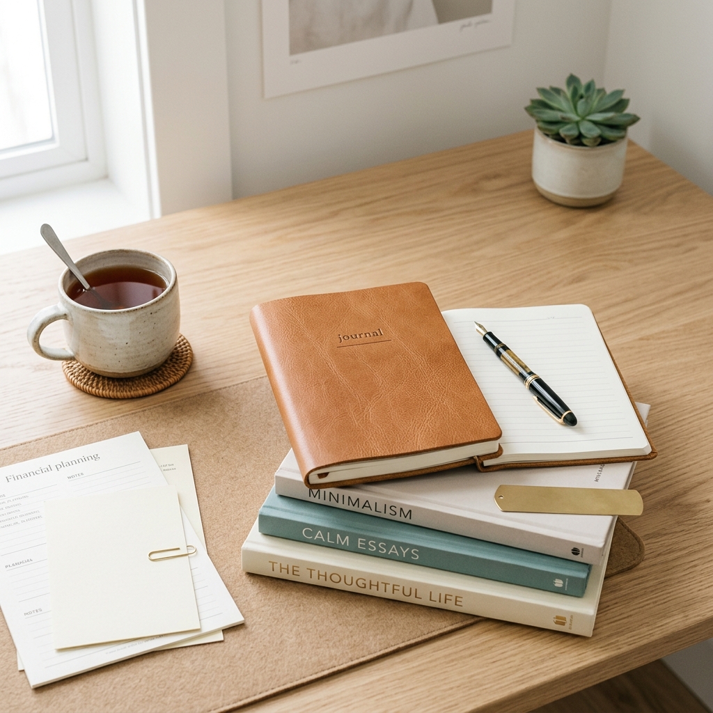 An organized desk with a journal, books, and a cup of tea