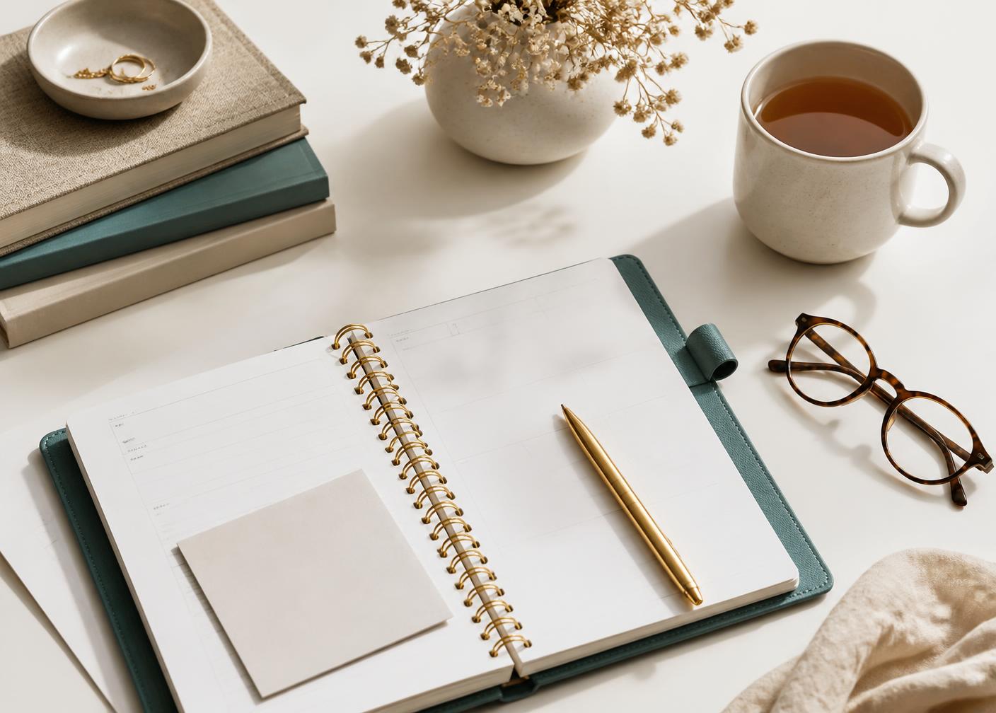 An organized workspace with a planner, books and a cup of tea